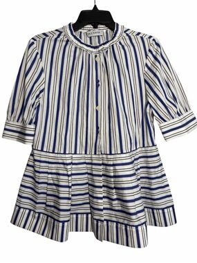 Dice Kayek ButtonDown Blue Tan Stripe Short Sleeve Peplum Scrunch Neck Blouse 38